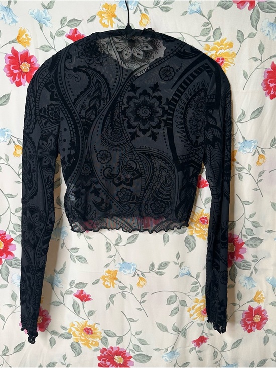 SHEIN Tops - SHEIN | Black Floral Sheer Long-Sleeve Crop Top